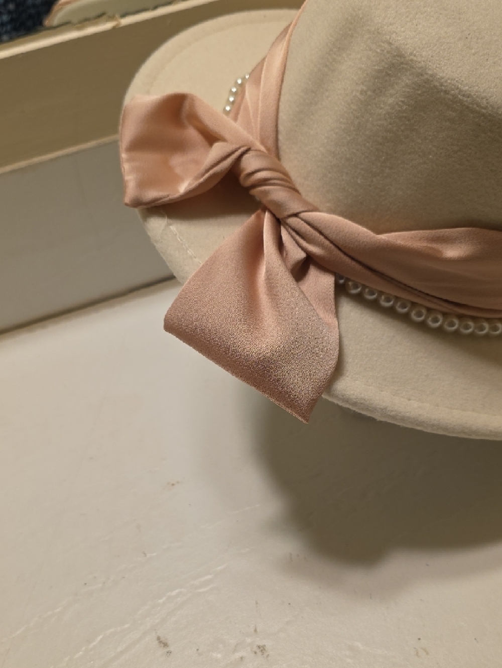 Women's Cream Felt Hat with cream Ribbon and Pearl Trim - Picture 2 of 4